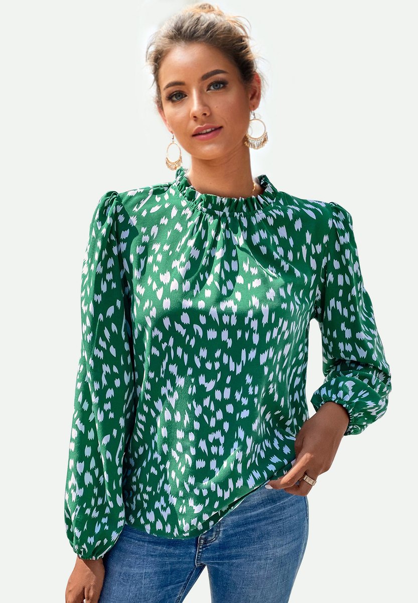 Top met dierenprint, ruches en hoge hals in groen