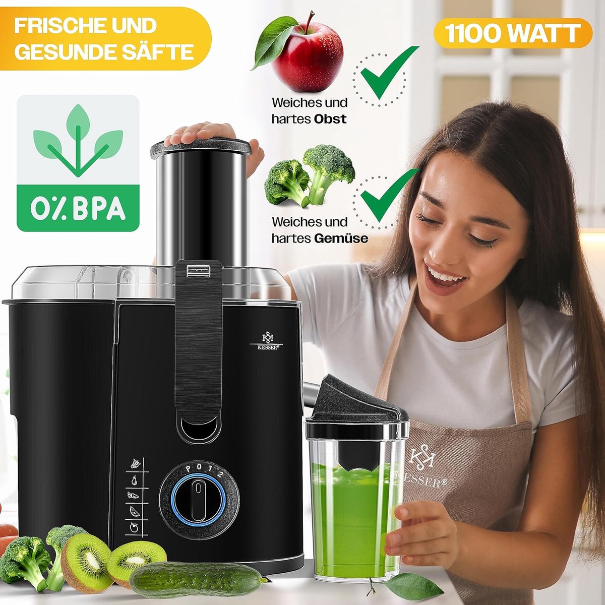 Luxe Slowjuicer – Sapcentrifuge Groenten en Fruit – Blender – Roestvrij Staal – Automatisch Schoonmaken – Instelbare Snelheid – 1100W – Zwart thumbnail 5