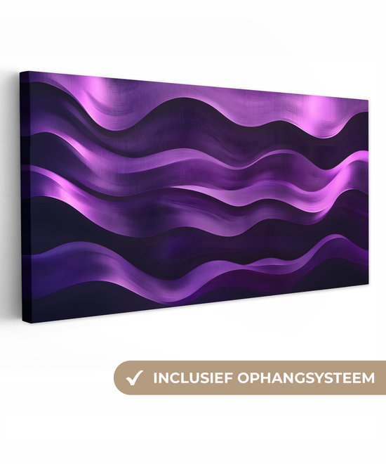Abstract canvas met paarse golven en metallic textuur. Tekst: INCLUSIEF OPHANGSYSTEEM.