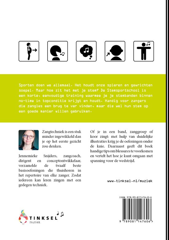 Achterkant boek "De Stem Sportschool" met afbeeldingen van zangers en teksten.