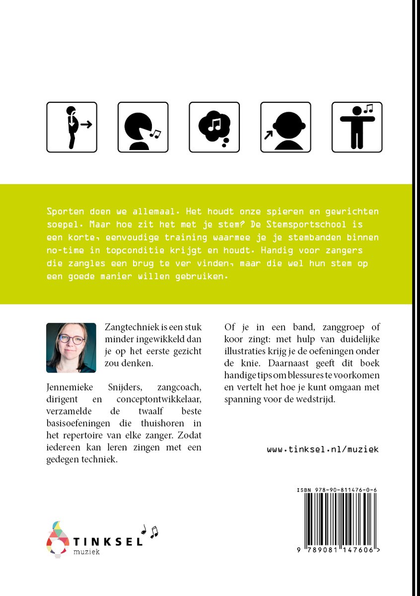 Achterkant boek "De Stem Sportschool" met afbeeldingen van zangers en teksten.