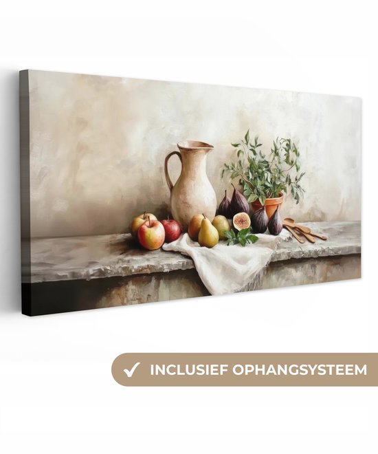 Une peinture de nature morte avec des fruits, une carafe et des plantes, avec le texte "SYSTÈME DE SUSPENSION INCLUS".