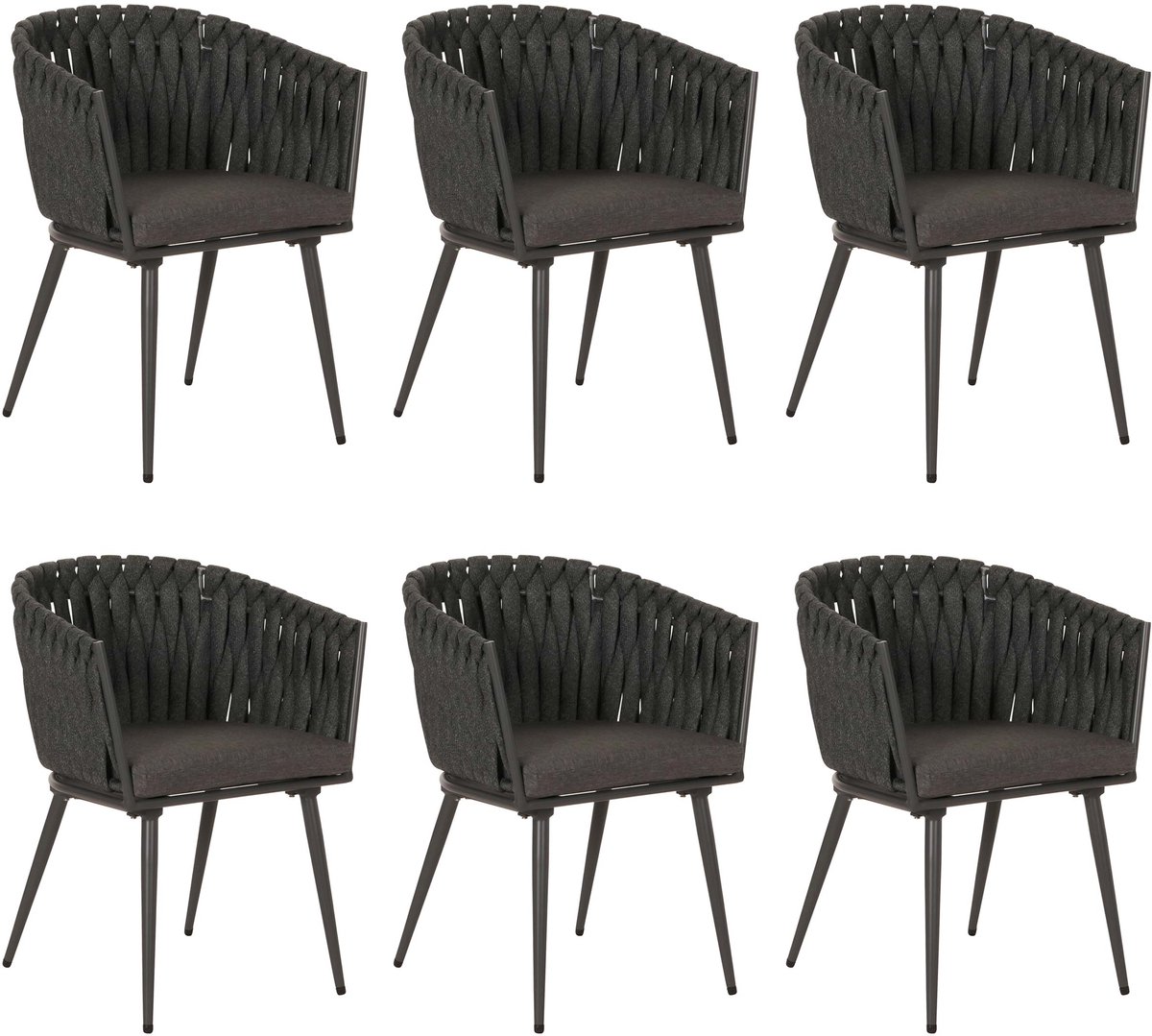 MCW Set van 6 aluminium eetkamerstoelen MCW-N38, armleuning binnenstoel, Olefin rope weave Touw ~ antraciet Kussen donkergrijs