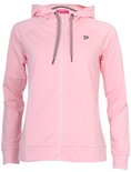 Lichtroze damesvest met capuchon, rits en logo op de borst.