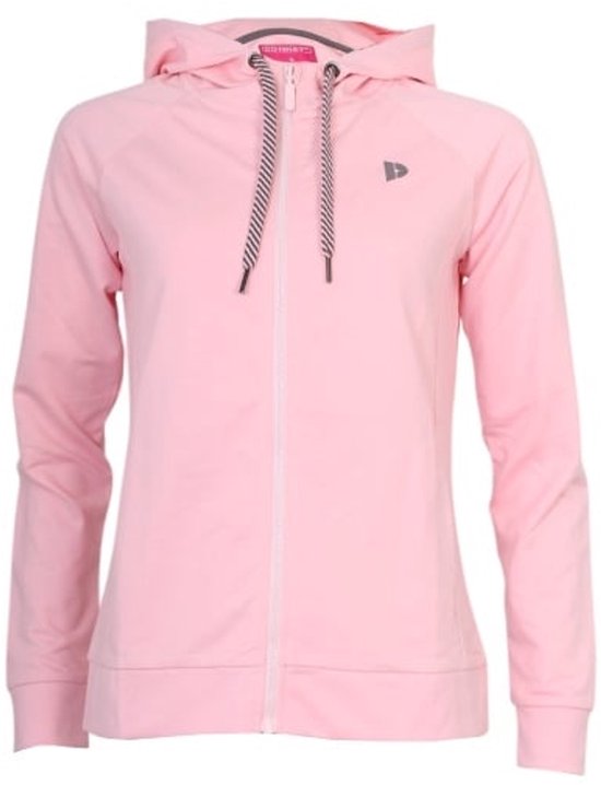Lichtroze damesvest met capuchon, rits en logo op de borst.