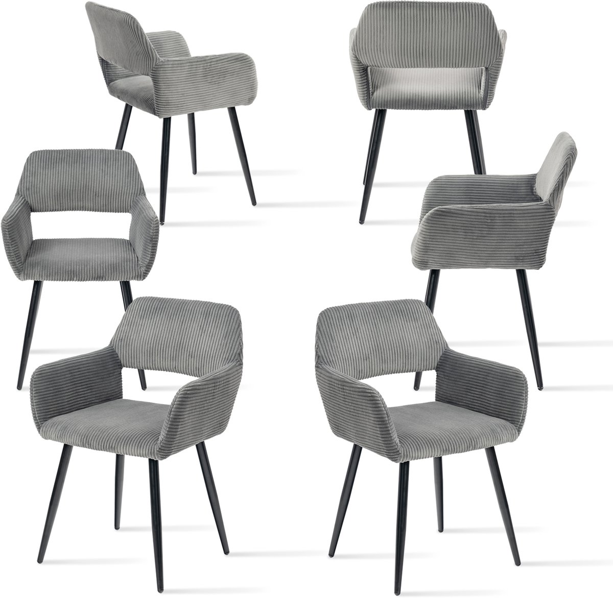Meubles Cosy – CROMWELL CORDUROY – Set van 6 eetkamerstoelen met armleuningen – Donkergrijs – Corduroy zitting