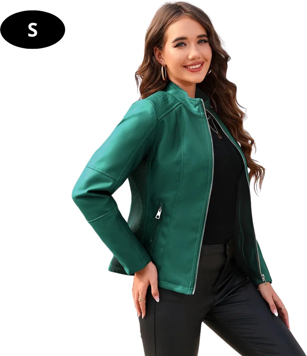 Nivard Kunst Leren Jas Leather Jacket Lederen Jas Bomberjack Pilotenjack Blazer Biker Motorjas Motormuis Dames Groen