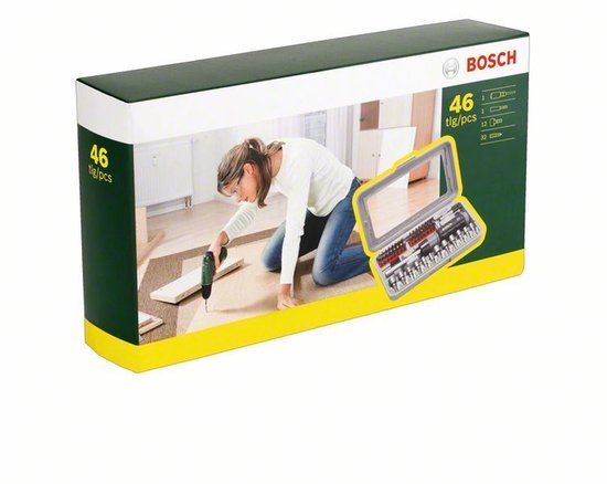 Verpakking met vrouw die schroeft. Bosch logo en inhoud van de koffer zichtbaar.