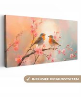 Tableau sur toile 160x80 cm - Décoration murale exclusive Rouge-gorges - Gracieux - Branche fleurie - Décoration murale salon - Décoration chambre - Accessoires chambre - Peintures sur toile