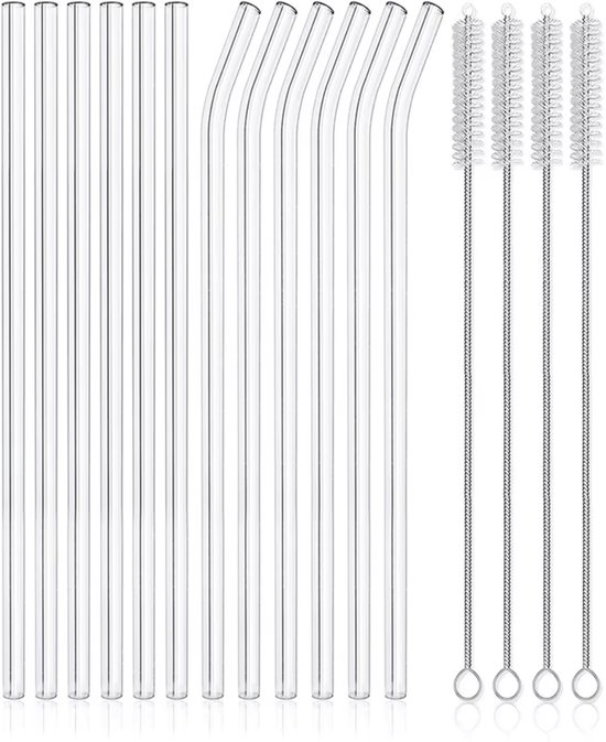 Pailles en Verres réutilisables - Avec brosses de nettoyage - Pailles en Glas - Pailles à cocktail - Transparentes - Lot de 12