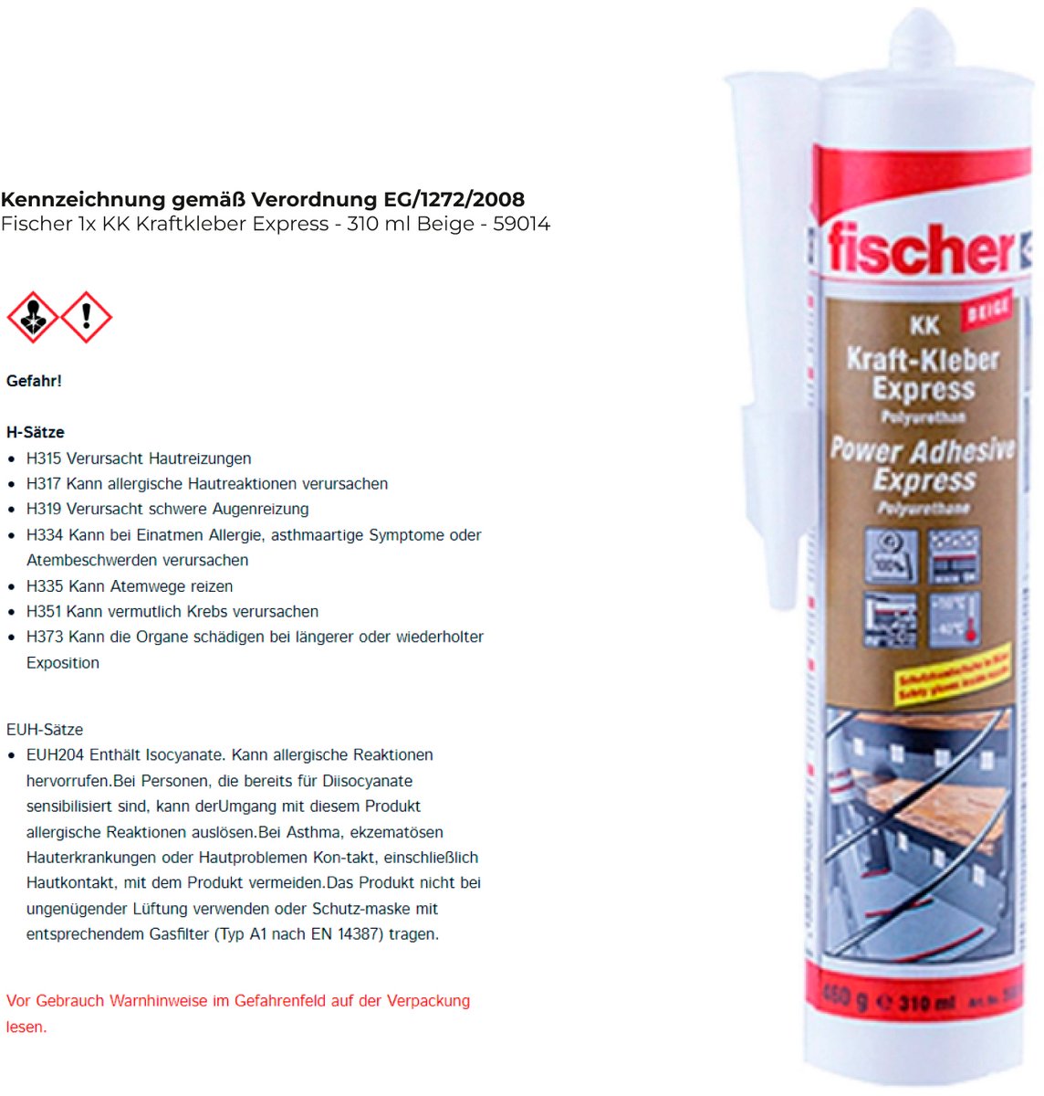 Fischer 1x KK Kraftlijm Express - 310 ml Beige - 59014