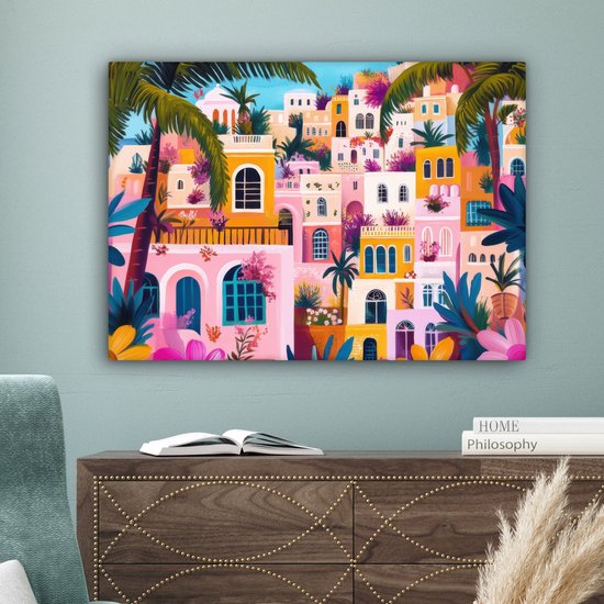 Canvas schilderij 80x60 cm - Exclusieve wanddecoratie Kleurrijk - Roze - Oranje - Geel - Bloemen - Muurdecoratie woonkamer - Slaapkamer decoratie - Kamer accessoires - Schilderijen op canvas - Eclectisch - Aesthetic room decor