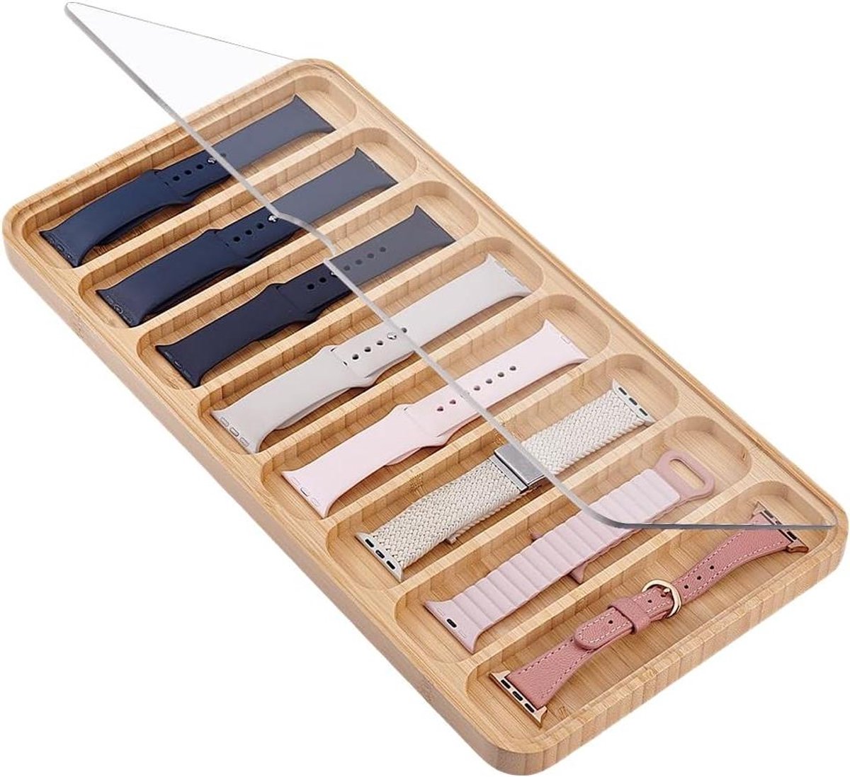 Allecto plus - Houten Horloge Band Organizer met 8 Slots en Stofdicht Clear Deksel - Opbergdoos voor Horlogebanden - Geschikt voor Mannen en Vrouwen - 19x37.5x1.7cm