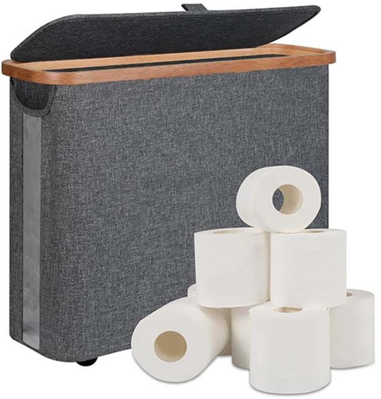 Toiletpapier opbergmand met deksel - Badkamer tissue opbergmand - Staand toiletpapierrek voor maximaal 12 rollen - Geschikt voor badkamer en camper (Grijs)