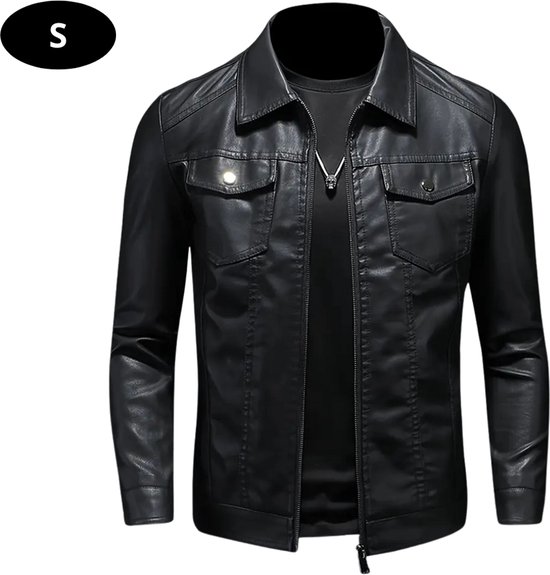 Veste longue en cuir noir pour homme avec col, fermeture éclair et deux poches poitrine boutonnées. Taille S.