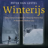 Boekcover 'Winterijs' van Peter van Gestel, bekroond met drie prijzen, met een winterse gracht en mensen op een besneeuwde brug.