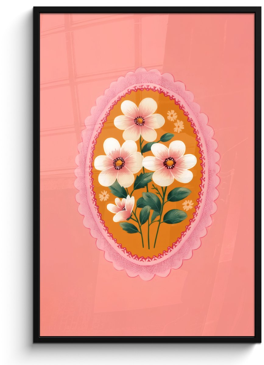 FrameYourWall Poster in lijst - Fotolijst 80x120 cm - Posters - Illustratie - Bloemen - Rand - Roze - Posterlijst zwart - Decoratie - Wanddecoratie woonkamer - Muurdecoratie slaapkamer