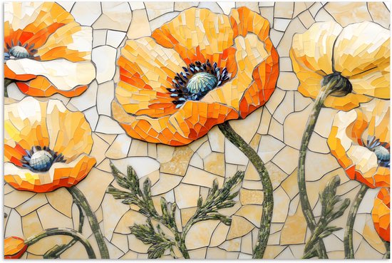 Affiche 60x40 cm - Coquelicots - Oranje - Mosaïque - Feuilles - Posters - Décoration chambre - Décoration murale salon - Décoration murale chambre
