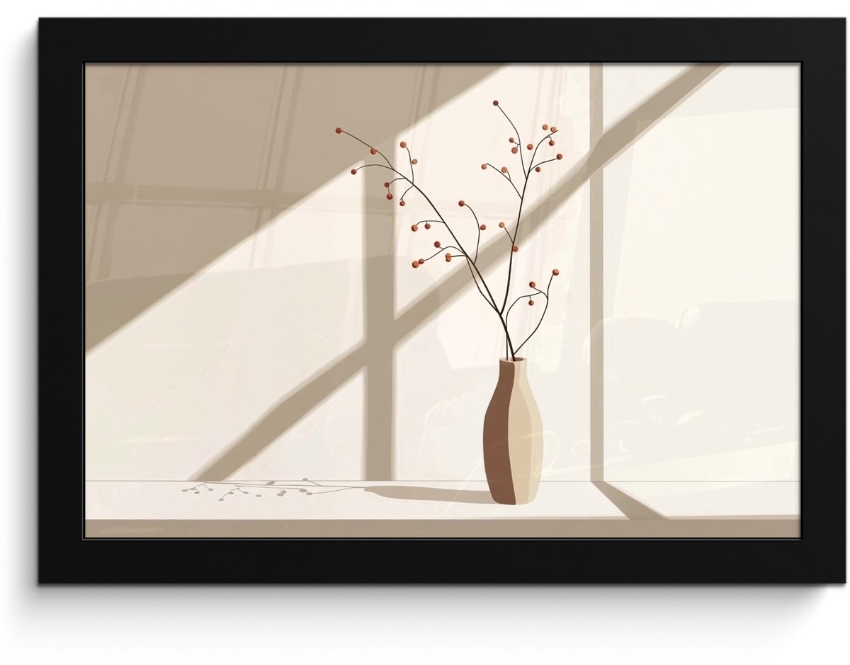 FrameYourWall Poster in lijst - Fotolijst 30x20 cm - Posters - Vaas - Takken - Bessen - Minimalistisch - Posterlijst zwart - Decoratie - Wanddecoratie woonkamer - Muurdecoratie slaapkamer