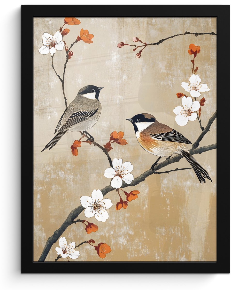 FrameYourWall Poster in lijst - Fotolijst 30x40 cm - Posters - Vogels - Bloesemtak - Bloemen - Oranje - Posterlijst zwart - Decoratie - Wanddecoratie woonkamer - Muurdecoratie slaapkamer