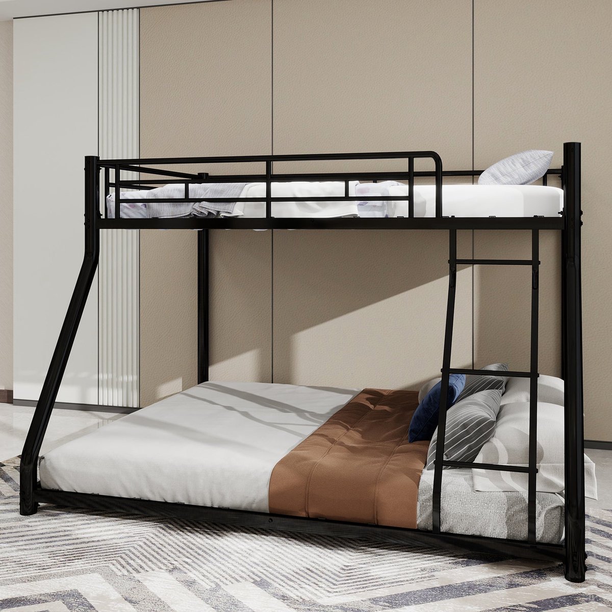 Merax Metalen Stapelbed - Eenpersoonsbed en Tweepersoonsbed - Zwart Bed met Trap en Volledige Valbeveiliging - Stevig Geluidsvrij Frame