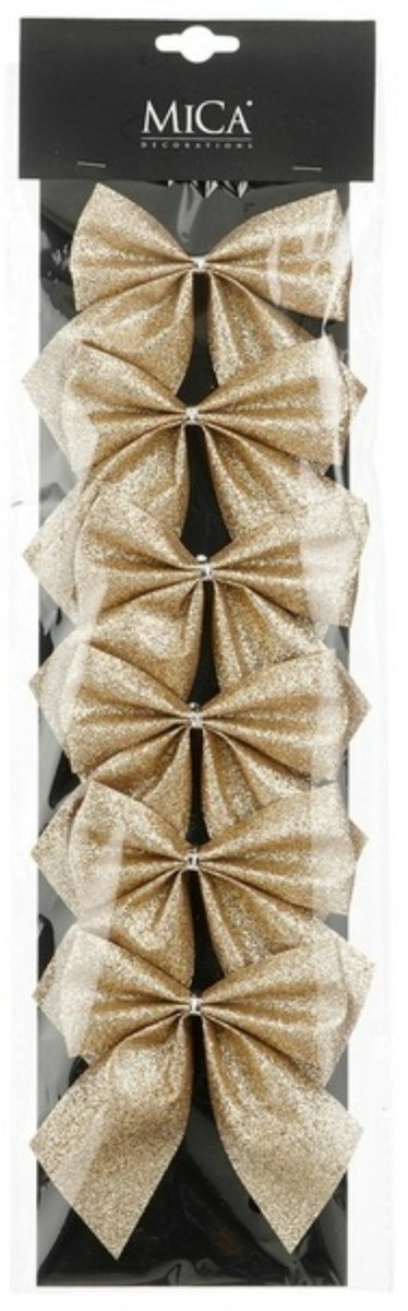 House of Seasons Kerst ornamenten strikken - 6x stuks - champagne - 10 x 12 cm - kerstboomstrikjes - kerstversiering