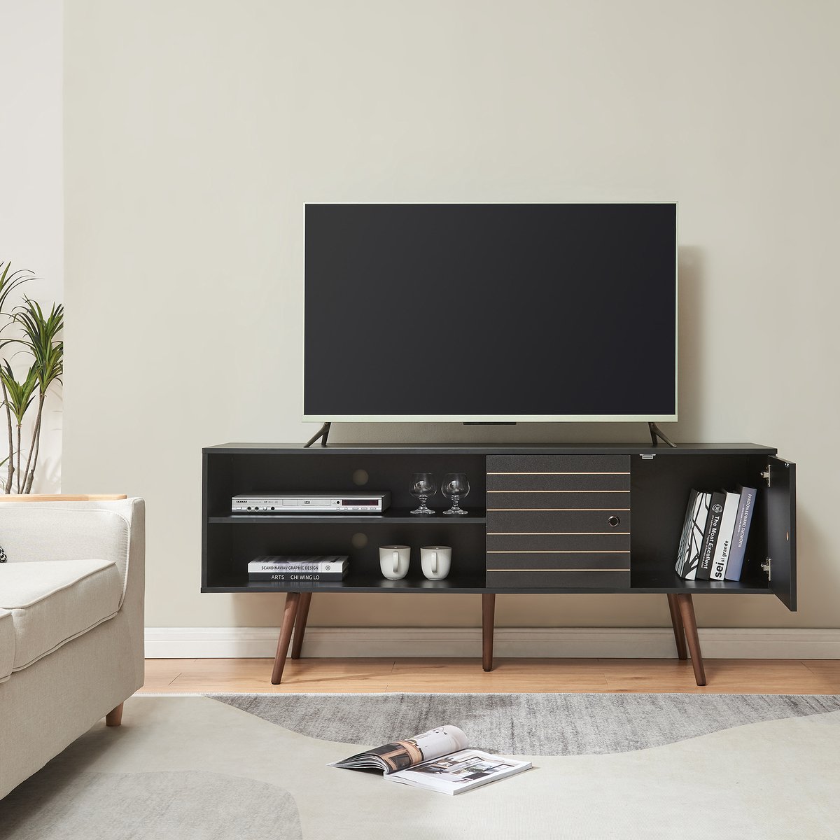 en.casa Tv meubel Vare 160x40x66 cm zwart en walnootkleurig [en.casa]