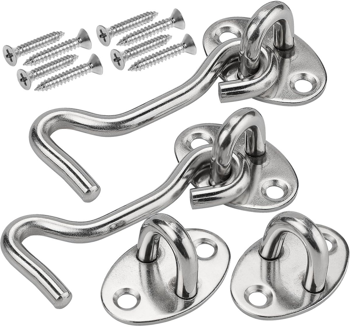 TOVBMUP 3" tochthaak - met oog - roestvrij staal - 2-pack - afsluitbare deurtochthaak - grote huthaak raamhaak - met 8 bevestigingsschroeven - Geschikt voor garagedeuren, ramen, schuurdeuren, poortsloten - zilver