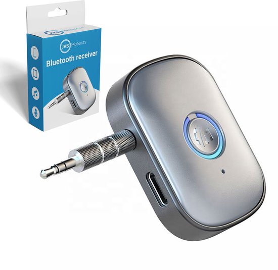 Zilveren JVS Products Bluetooth-ontvanger met 3.5MM AUX-stekker en verpakking.