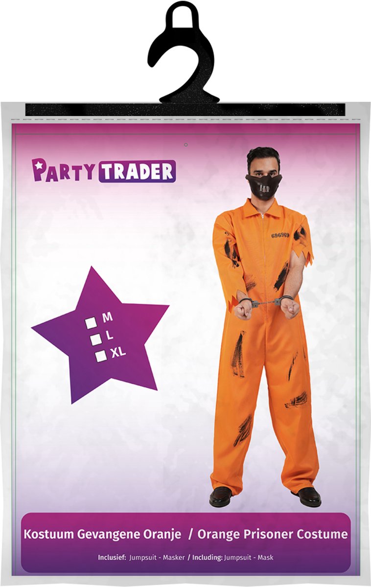 Ragelion Gevangenenkostuum voor volwassenen, oranje gevangenpak voor heren, jail-uniform voor carnaval, Halloween (2XL