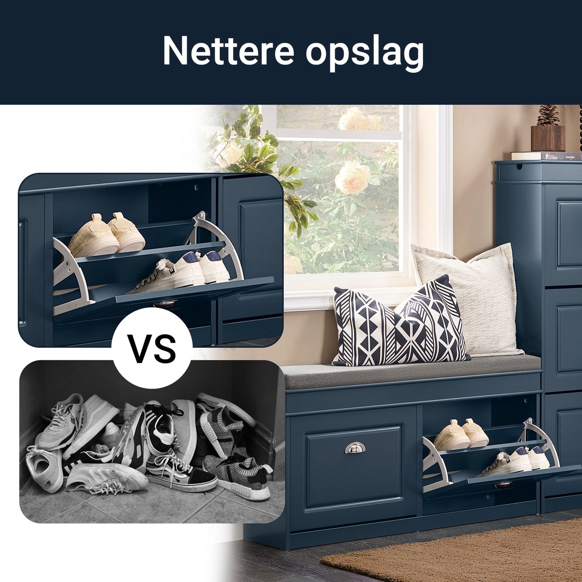 SoBuy Schoenenkast, schoenenbank, schoenen, entree, 2 kleppen met afneembaar kussen, opbergdoos, rek voor smalle entree, 104 x 24 x 51 cm, antiek houteffect, wit FSR64-WG
