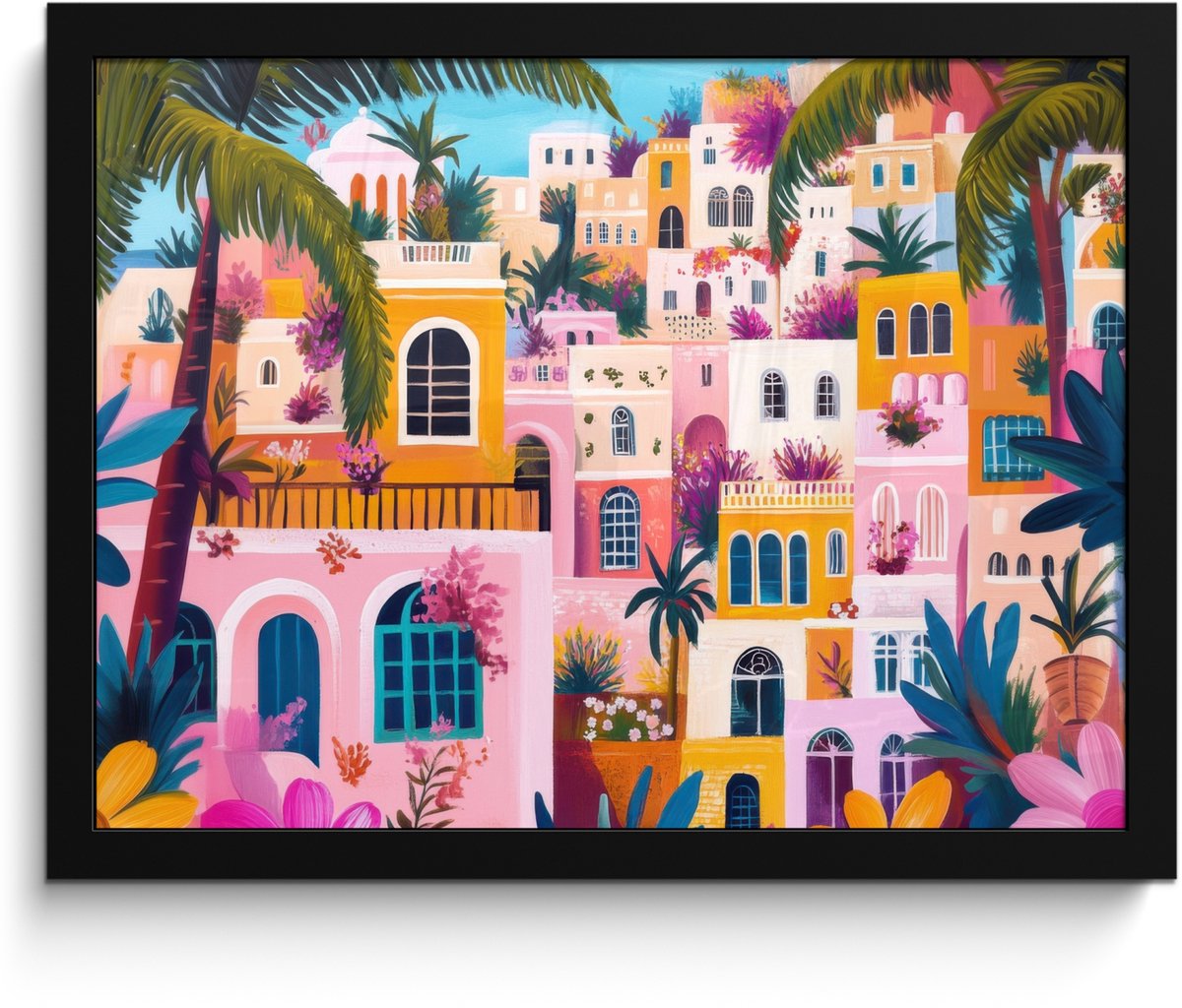 FrameYourWall Poster in lijst - Fotolijst 40x30 cm - Posters - Kleurrijk - Roze - Oranje - Geel - Bloemen - Posterlijst zwart - Decoratie - Wanddecoratie woonkamer - Muurdecoratie slaapkamer Stad - Kleurrijk