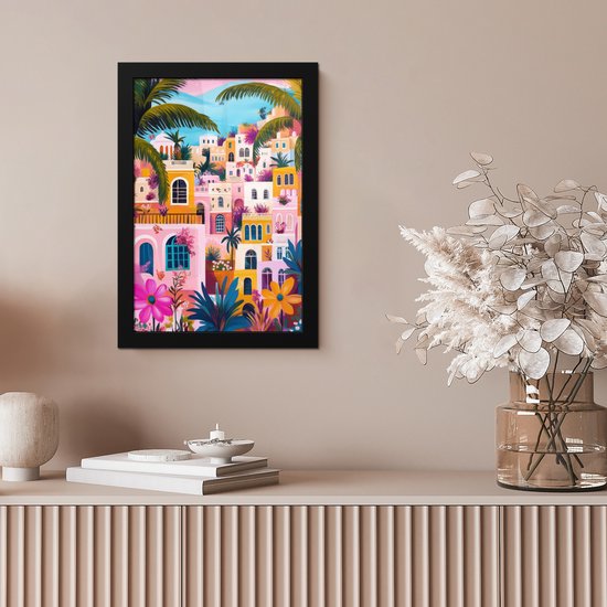 Affiche encadrée - Cadre photo 20x30 cm - Posters - Coloré - Rose - Oranje - Jaune - Fleurs - Affiche encadrée noire - Décoration - Décoration murale salon - Décoration murale chambre