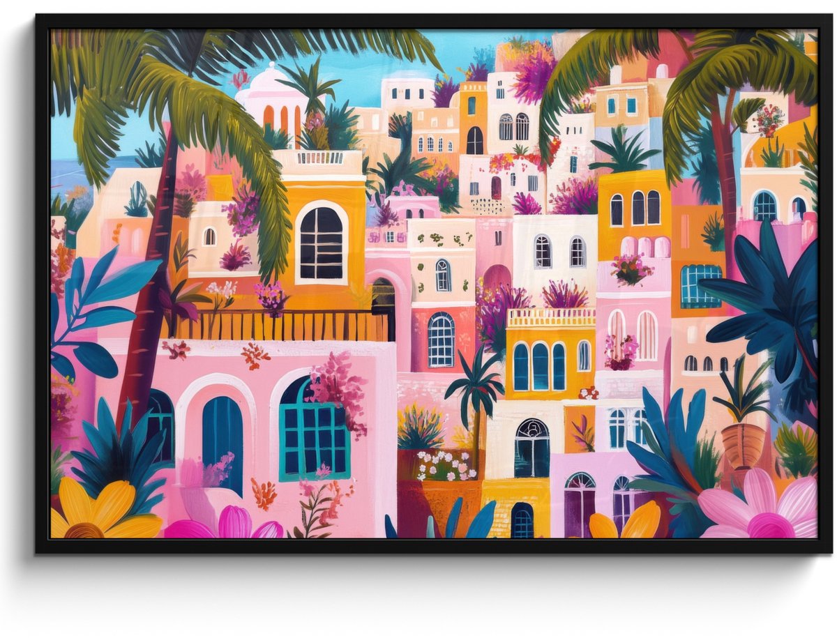 FrameYourWall Poster in lijst - Fotolijst 120x80 cm - Posters - Kleurrijk - Roze - Oranje - Geel - Bloemen - Posterlijst zwart - Decoratie - Wanddecoratie woonkamer - Muurdecoratie slaapkamer Stad - Kleurrijk