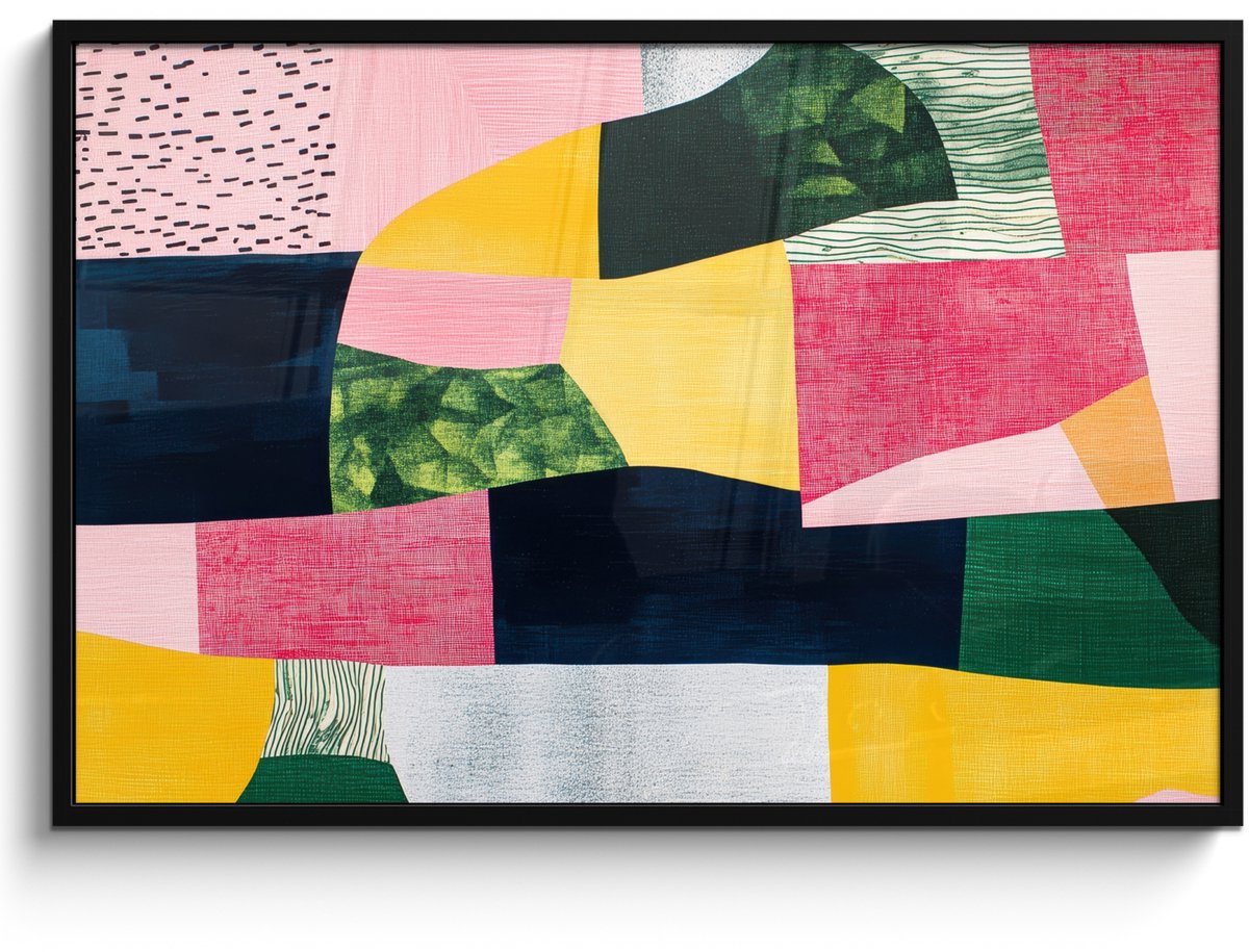 FrameYourWall Poster in lijst - Fotolijst 120x80 cm - Posters - Abstract - Roze - Lappen - Vormen - Geel - Posterlijst zwart - Decoratie - Wanddecoratie woonkamer - Muurdecoratie slaapkamer