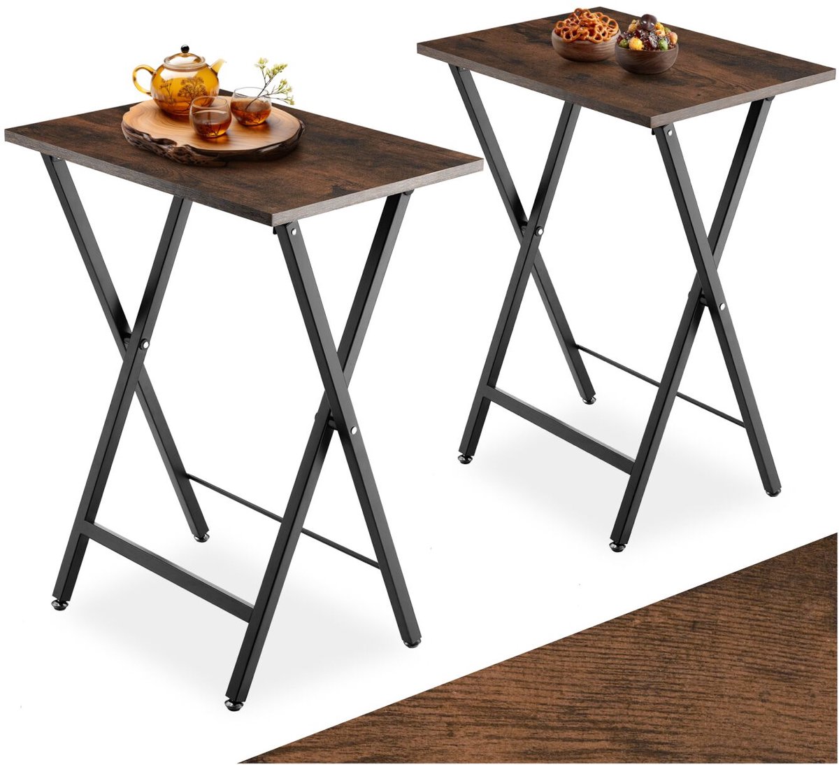 Tectake Set van 2 Opklapbare Bijzettafels – Houten Dienbladtafel in Industrieel Design, 48x36x66,5 cm, Tv-Tafel voor Kleine Ruimtes, Vintage Salontafel, Zwart Metalen Frame – Industrial Dark Brown donkerbruin