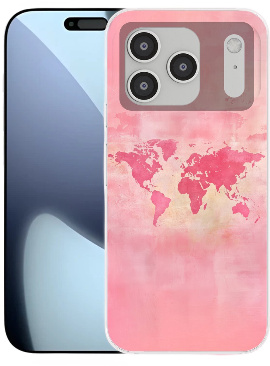 Telefoonhoesje Geschikt voor iPhone 17 Pro hoesje - Wereldkaart - Roze - Vaag - Siliconen Telefoonhoesje Telefoonhoesje