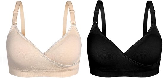 Lot de 2 soutiens-gorge d'allaitement - Soutien-gorge d'allaitement sans armatures - Avec coussinets amovibles - Bretelles réglables - Beige et Zwart - Taille L/XL (Taille du bonnet : B85 B90 C85 C90 D85 E80 E85 F80)