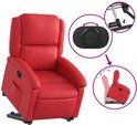 Rode fauteuil met liftfunctie, met close-ups van de bediening.