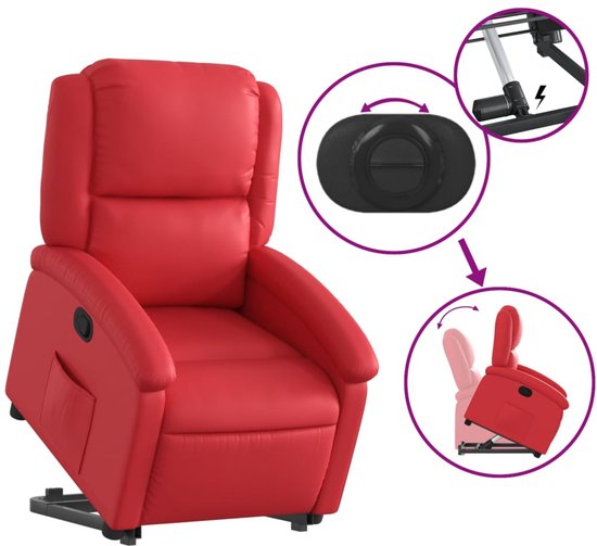 Rode fauteuil met liftfunctie, met close-ups van de bediening.