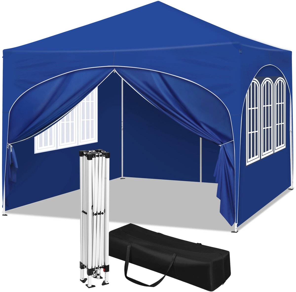 Blauwe opvouwbare partytent 3x3m - tuinpaviljoen met 4 zijwanden - verstelbare hoogte - waterafstotend - UV-bescherming - draagtas - geschikt voor 6-10 personen