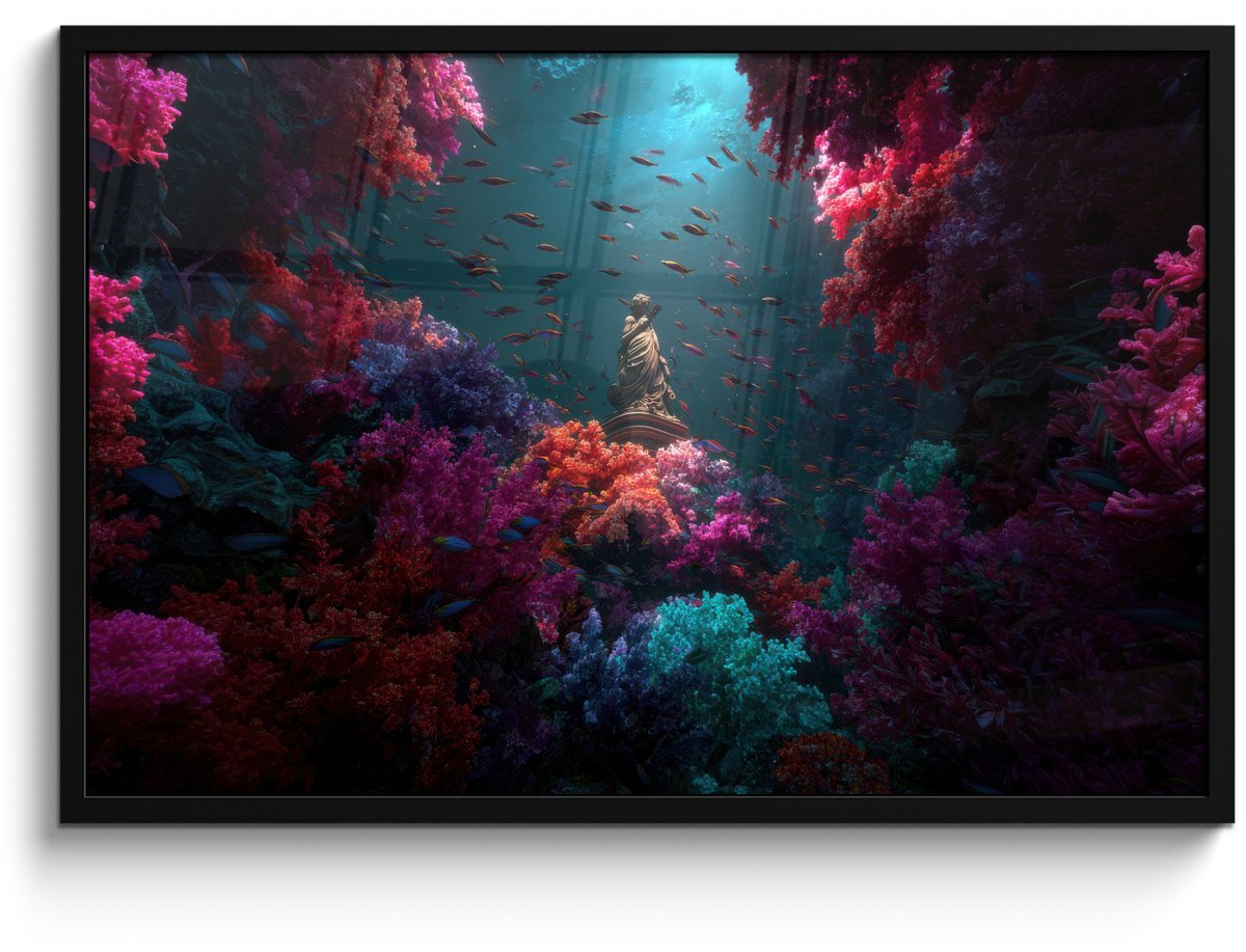 FrameYourWall Poster in lijst - Fotolijst 90x60 cm - Posters - Standbeeld - Zeebodem - Koraal - Kleurrijk - Posterlijst zwart - Decoratie - Wanddecoratie woonkamer - Muurdecoratie slaapkamer