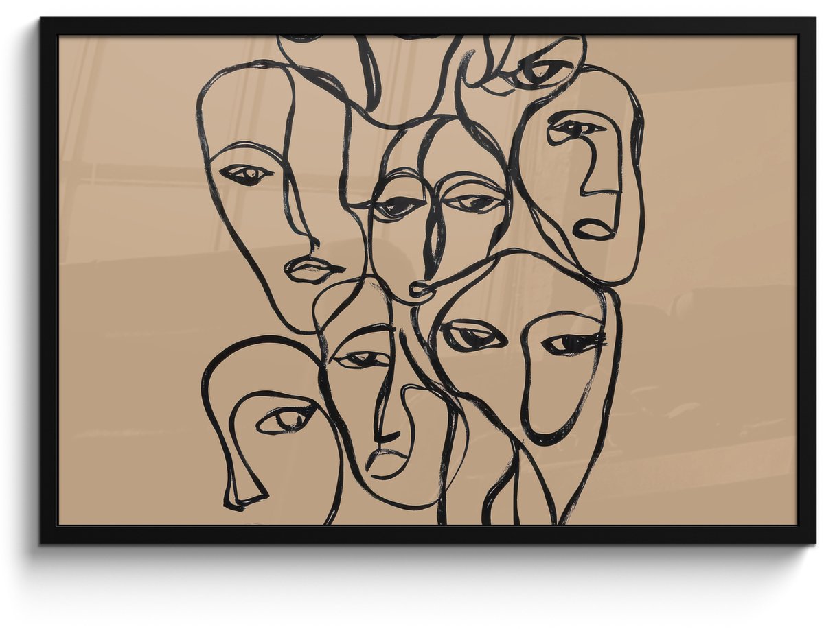 FrameYourWall Poster in lijst - Fotolijst 90x60 cm - Posters - Gezichtenzee - Lijntekening - Abstract - Posterlijst zwart - Decoratie - Wanddecoratie woonkamer - Muurdecoratie slaapkamer Gezichten - Lijntekening