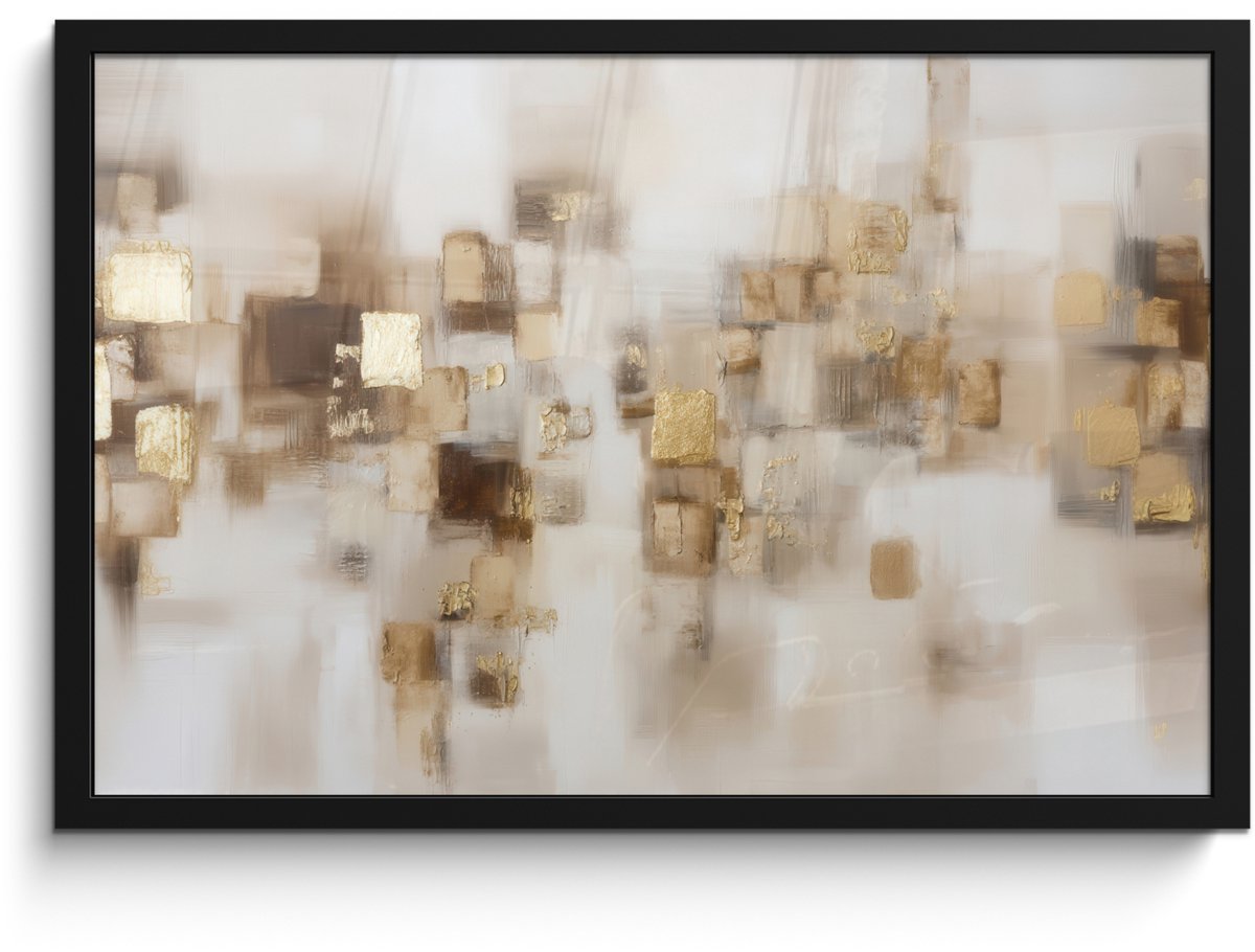 FrameYourWall Poster in lijst - Fotolijst 60x40 cm - Posters - Abstracte vierkanten - Aardetonen - Mistig - Posterlijst zwart - Decoratie - Wanddecoratie woonkamer - Muurdecoratie slaapkamer Aardetonen - Mistig - Abstract