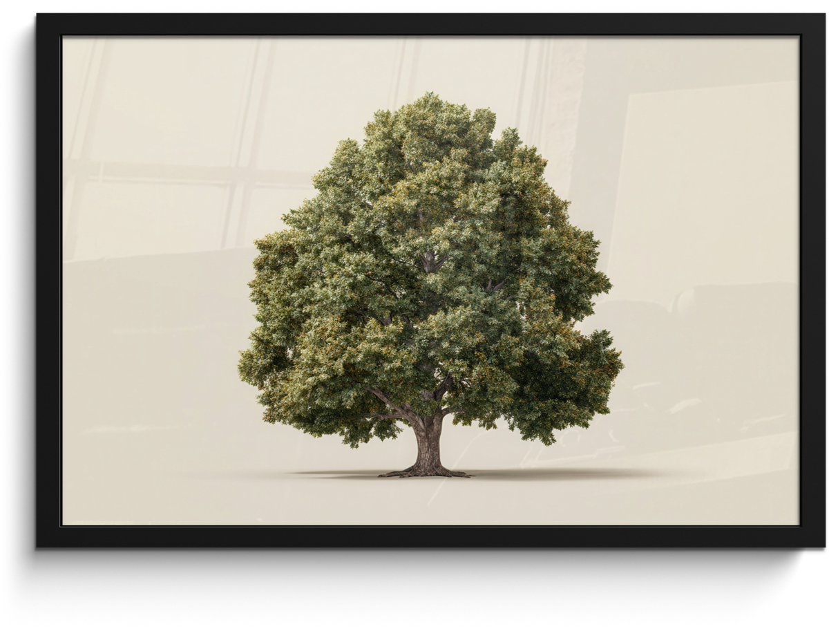 FrameYourWall Poster in lijst - Fotolijst 60x40 cm - Posters - Eikenboom - Groen - Lichte achtergrond - Posterlijst zwart - Decoratie - Wanddecoratie woonkamer - Muurdecoratie slaapkamer