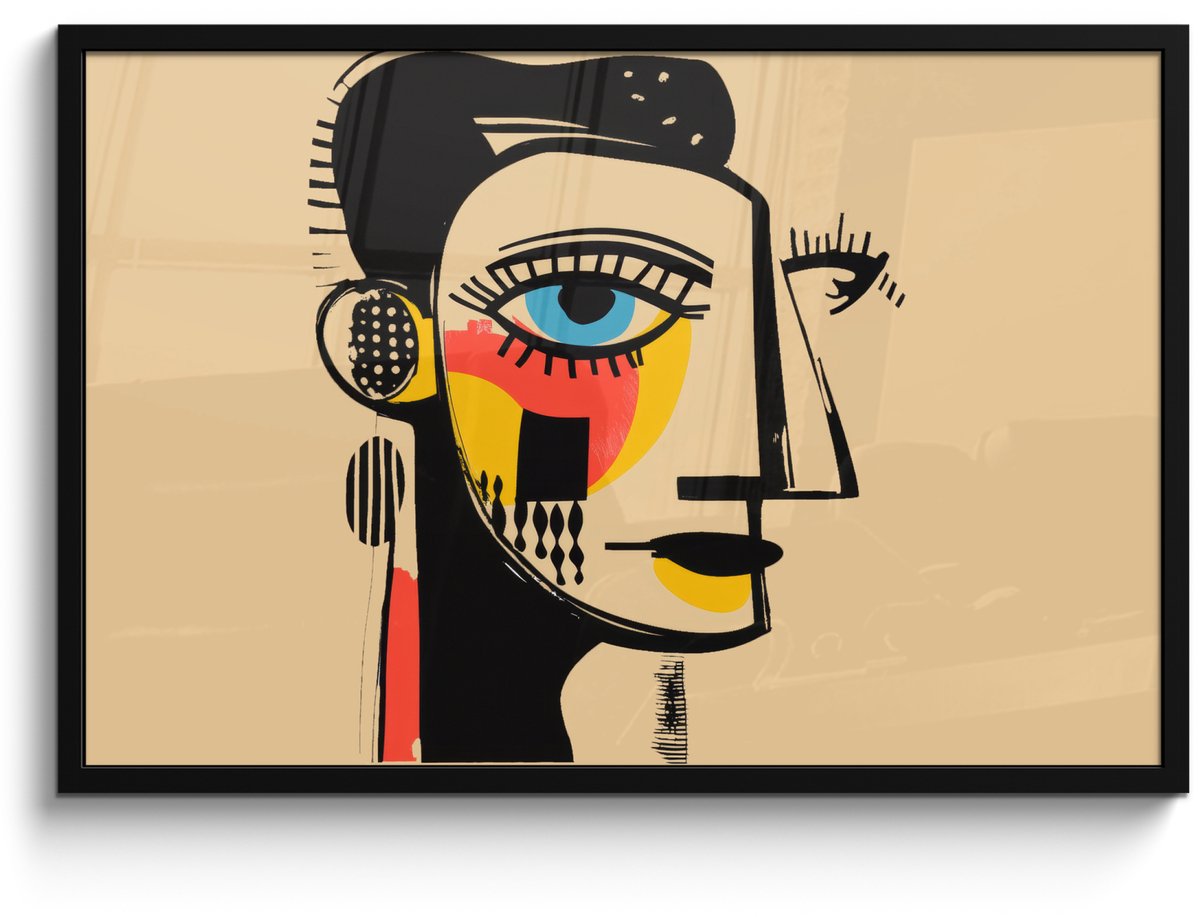 FrameYourWall Poster in lijst - Fotolijst 90x60 cm - Posters - Geometrisch - Felle kleuren - Kubistische stijl - Posterlijst zwart - Decoratie - Wanddecoratie woonkamer - Muurdecoratie slaapkamer Gezicht - Kunst