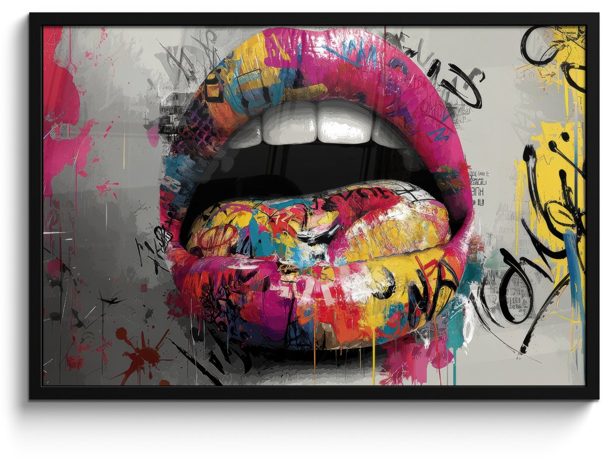 FrameYourWall Poster in lijst - Fotolijst 90x60 cm - Posters - Lippen - Graffiti - Expressief - Posterlijst zwart - Decoratie - Wanddecoratie woonkamer - Muurdecoratie slaapkamer