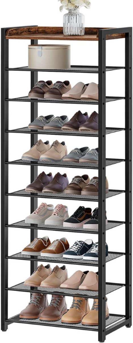 Schoenenrek Met 10 Niveaus - Smal Schoenenrek Voor 18-25 Paar Schoenen - Ruimtebesparende Schoenenkast Voor Ingang - Hal - Woonkamer - Donkerbruin Zwart
