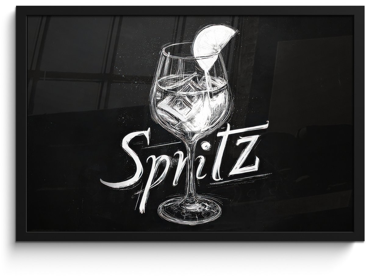 FrameYourWall Poster in lijst - Fotolijst 60x40 cm - Posters - Glas spritz - Krijtletters - Ijsblokjes - Citroen - Posterlijst zwart - Decoratie - Wanddecoratie woonkamer - Muurdecoratie slaapkamer Glas - Spritz