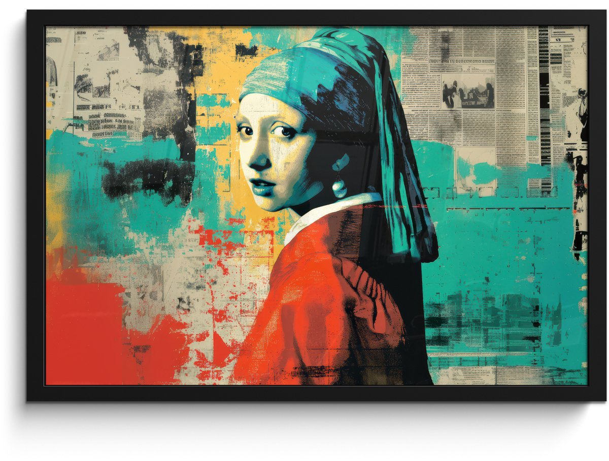 FrameYourWall Poster in lijst - Fotolijst 60x40 cm - Posters - Klassiek - Pareloorbel - Streetartstijl - Kleurrijk - Posterlijst zwart - Decoratie - Wanddecoratie woonkamer - Muurdecoratie slaapkamer Vrouw - Klassiek - Pareloorbel